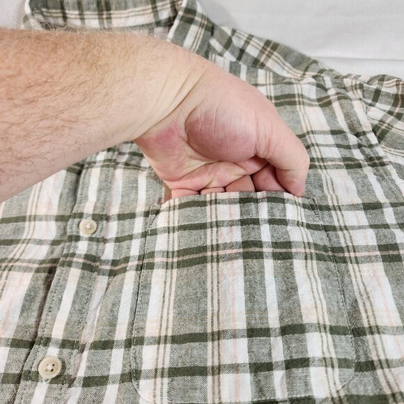 Old Navy Men's XXL Button Up Slim Fit Plaid Linen Cotton Green White Pocket VG - Picture 5 of 11
